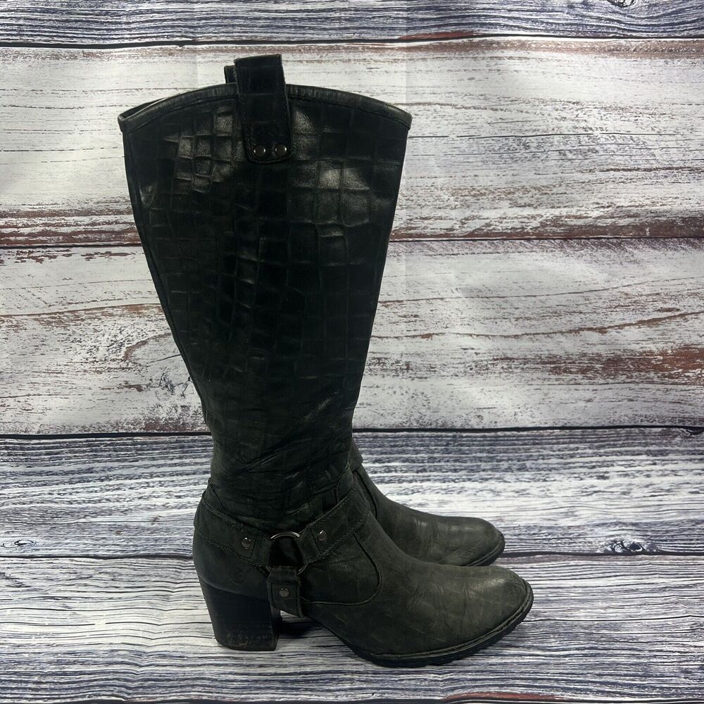 Born Lewisa Croc Embossed Black Leather Heeled Riding Boots, Women’s 6